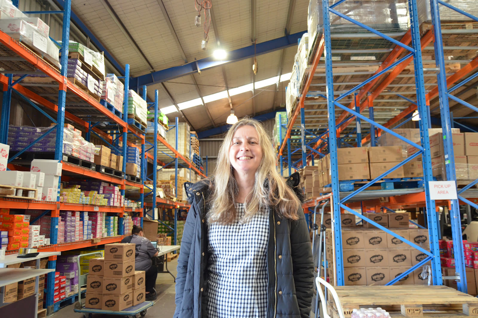 Leigh Sartin in the International Foods Limited warehouse
