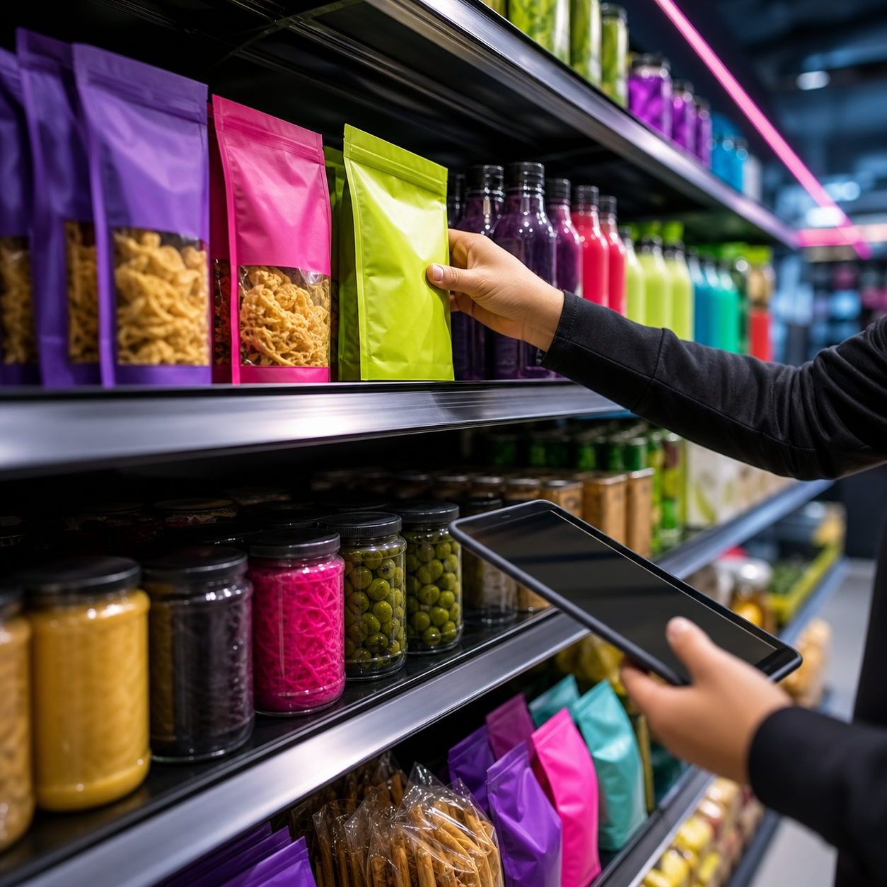 International grocery products being placed on retail shelves